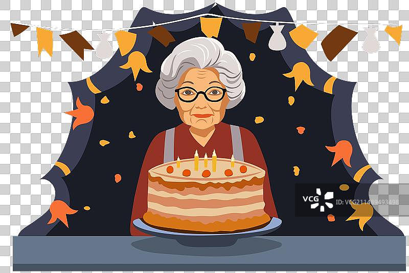 悲伤的奶奶站在生日蛋糕前图片素材
