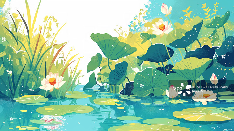 【AI数字艺术】夏季池塘湖边荷花荷叶金鱼插画图片素材