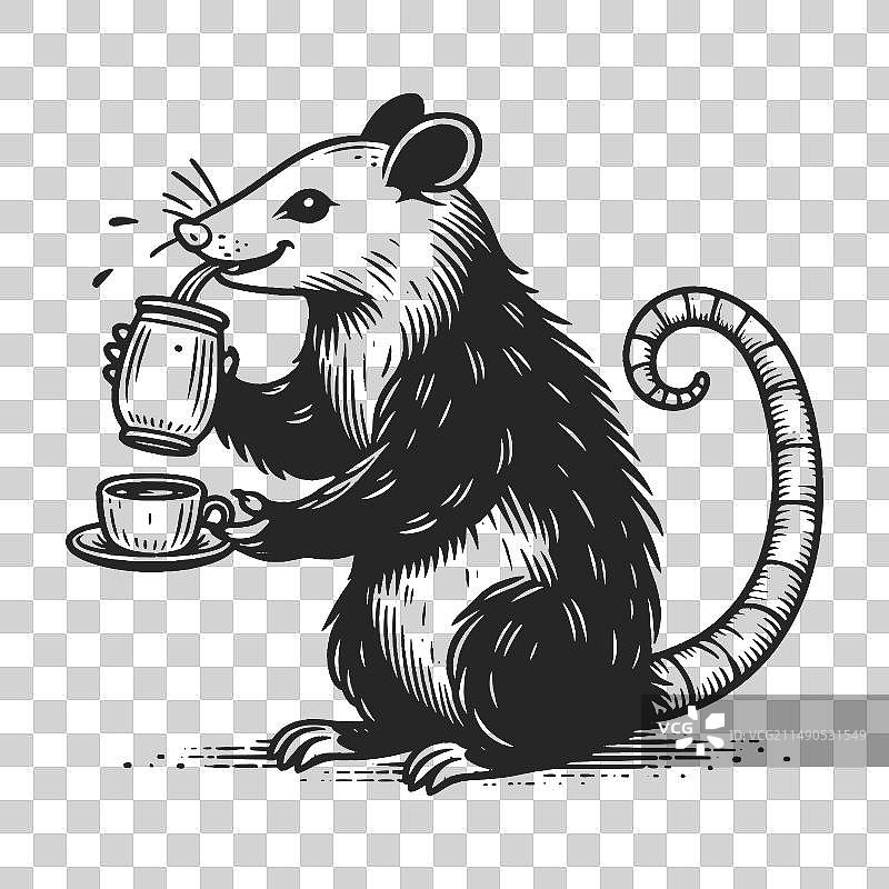 惬意的负鼠配热咖啡素描图片素材