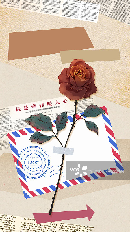 214、520七夕情人节复古怀旧剪纸拼贴风插画素材，纸张报纸拼贴的背景上一朵玫瑰花粘在信封上。图片素材