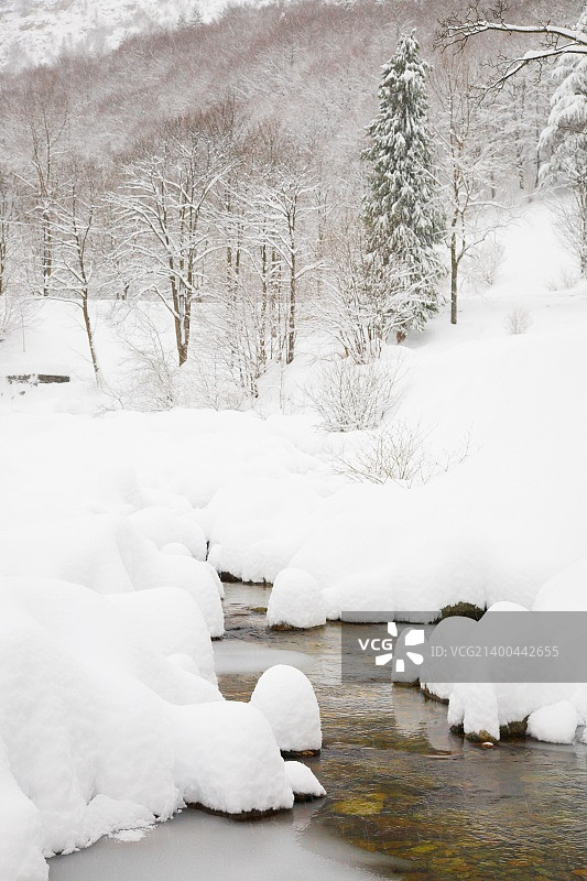 冬季风景:雪原上的山河。图片素材