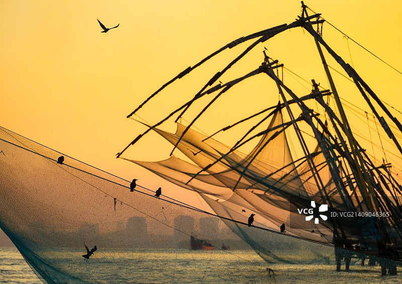 喀拉拉邦科钦(科钦堡)日出时的中国渔网图片素材