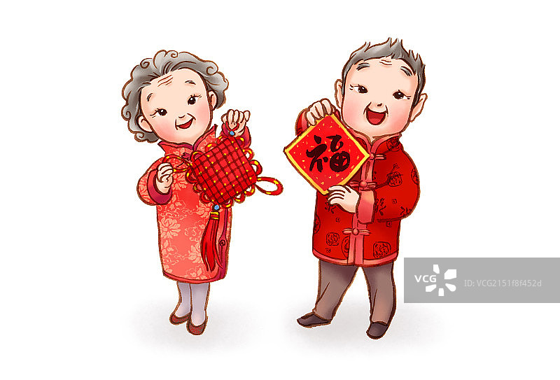 爷爷奶奶拿中国结和福字图片素材