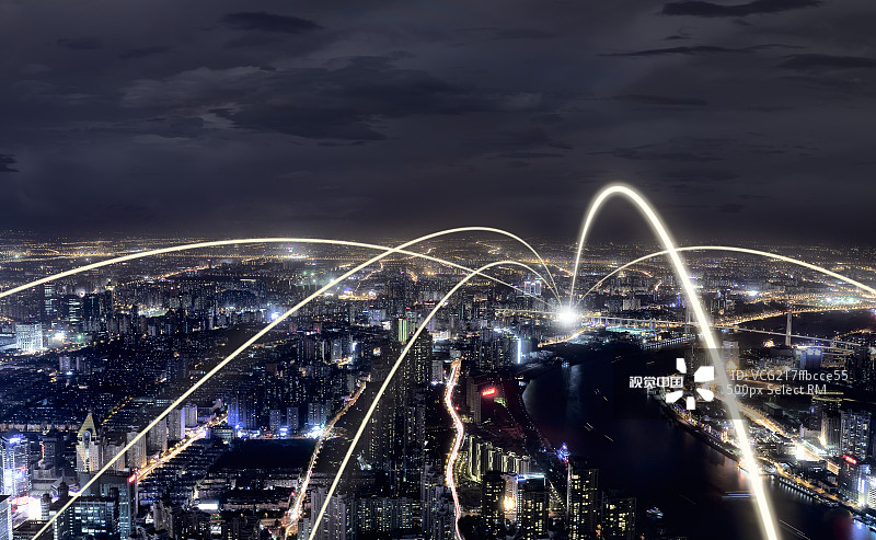 科技互联概念的上海城市全景夜景图片素材
