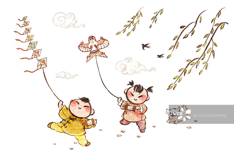 小男孩和小女孩放风筝图片素材