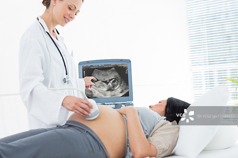 女医生在门诊对孕妇腹部做超声检查图片素材