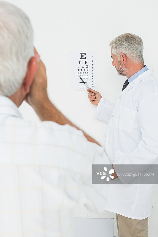 男儿科医生眼科医生和资深病人在诊所指着视力表图片素材