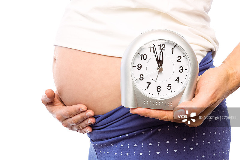 孕妇在白色背景上显示时钟和突起图片素材