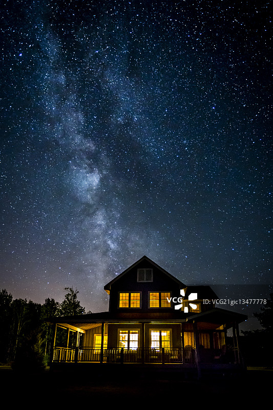 加拿大安大略，乡村房子黑暗天空上的星星图片素材