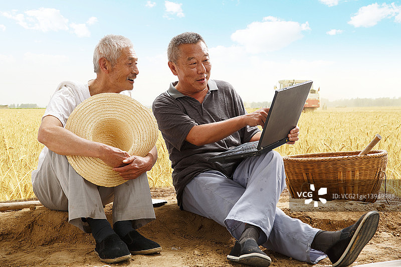 农民坐在田埂上使用电脑图片素材