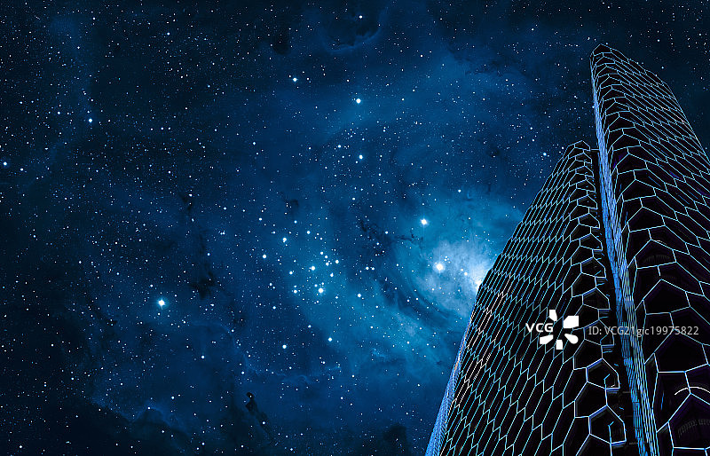 神秘星空下的科幻未来设计风格摩天大楼图片素材