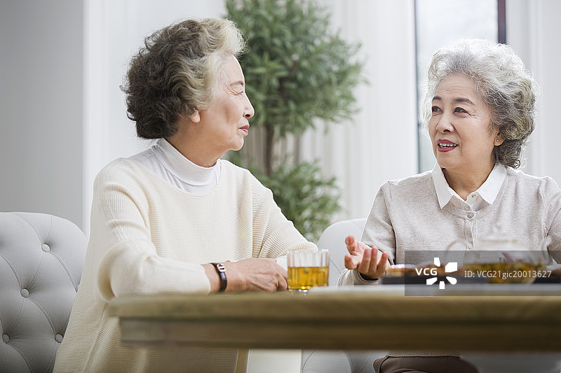 快乐的老年女子喝茶聊天图片素材