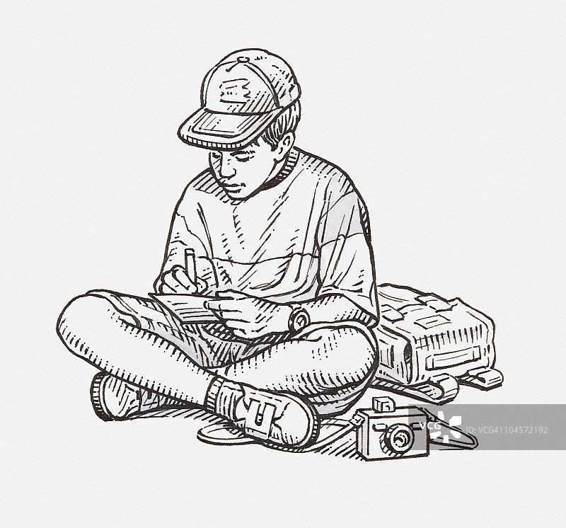 黑白插图，一个男孩盘腿坐在地板上做笔记，相机和书包在旁边图片素材