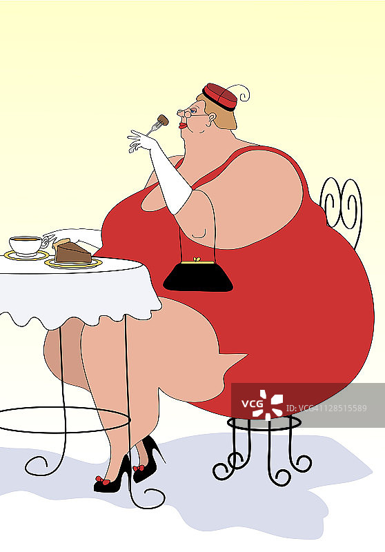 超重的女人在喝茶和吃蛋糕图片素材