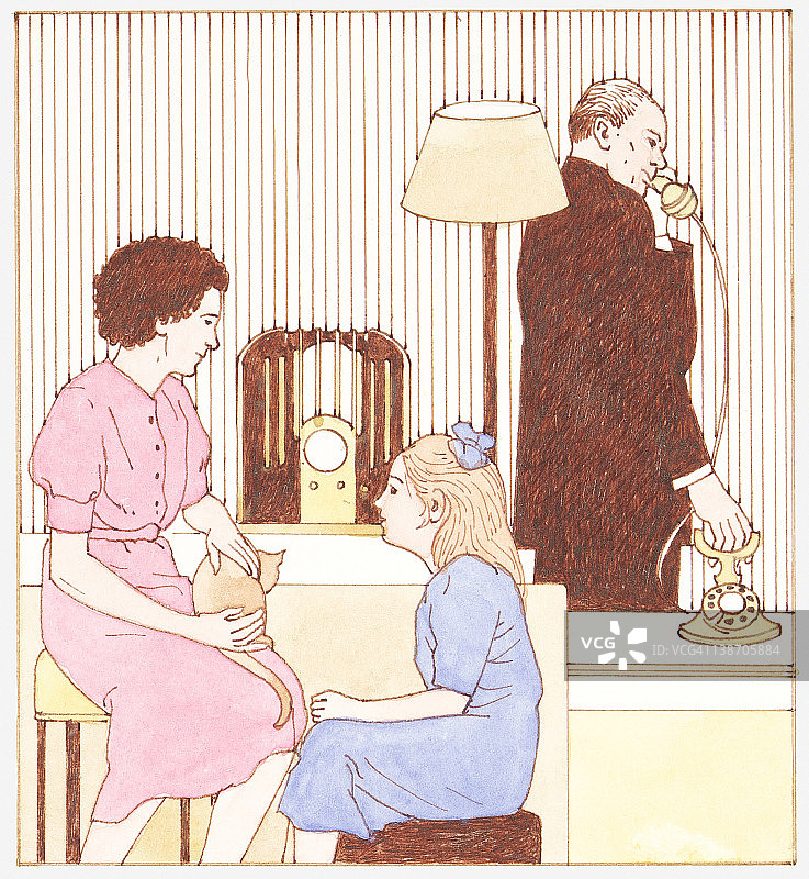 20世纪30年代的家庭使用收音机、电和人们打电话的插图图片素材