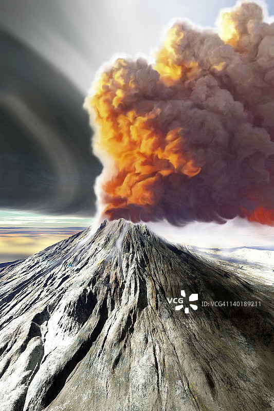 火山冒着滚滚浓烟而活跃起来。图片素材
