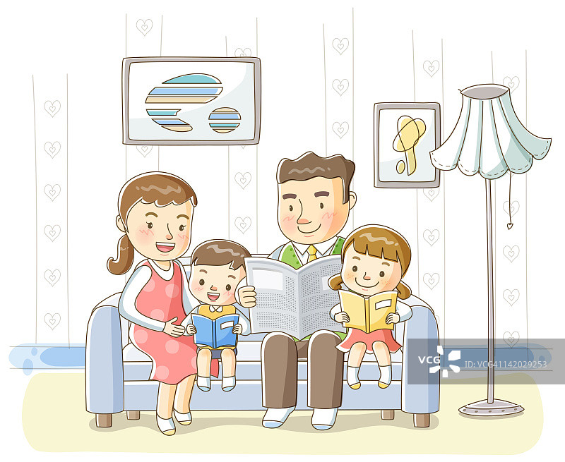 幸福家庭坐在沙发上的插图图片素材
