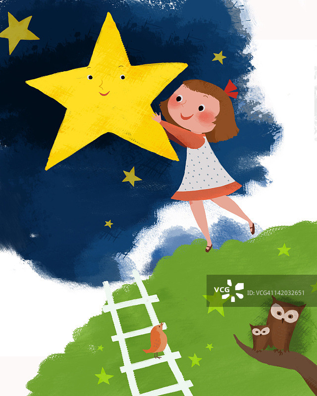 女孩在夜空中抱着星星图片素材