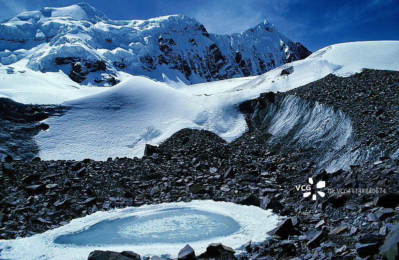 在维尔卡诺塔徒步旅行-普诺被雪覆盖的山峰包围的冰川上冰冻的水池图片素材