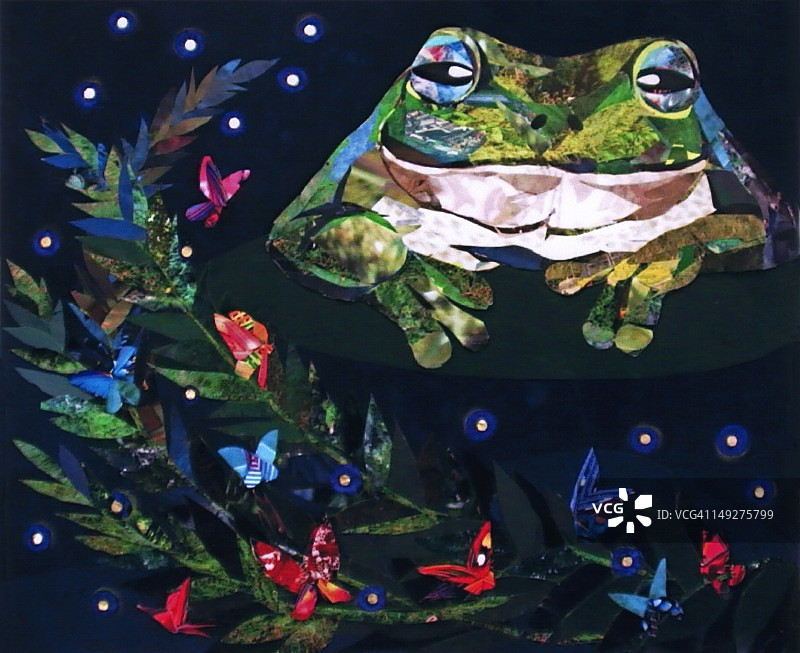 青蛙和蝴蝶的拼贴画图片素材