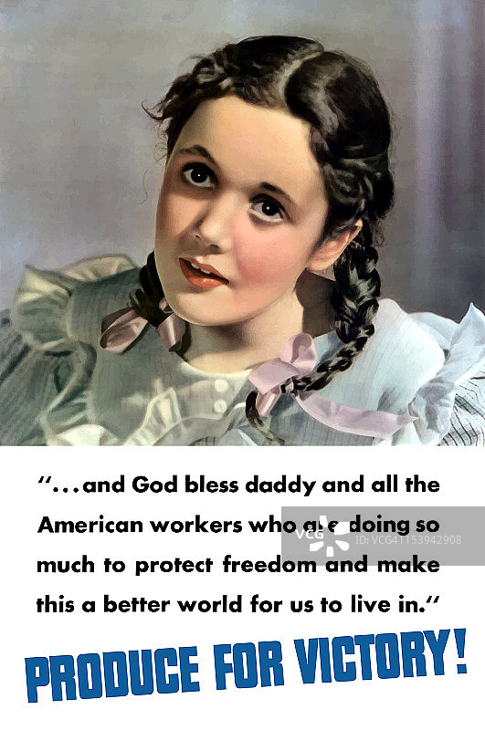 复古的二战海报，一个梳着辫子的小女孩。图片素材