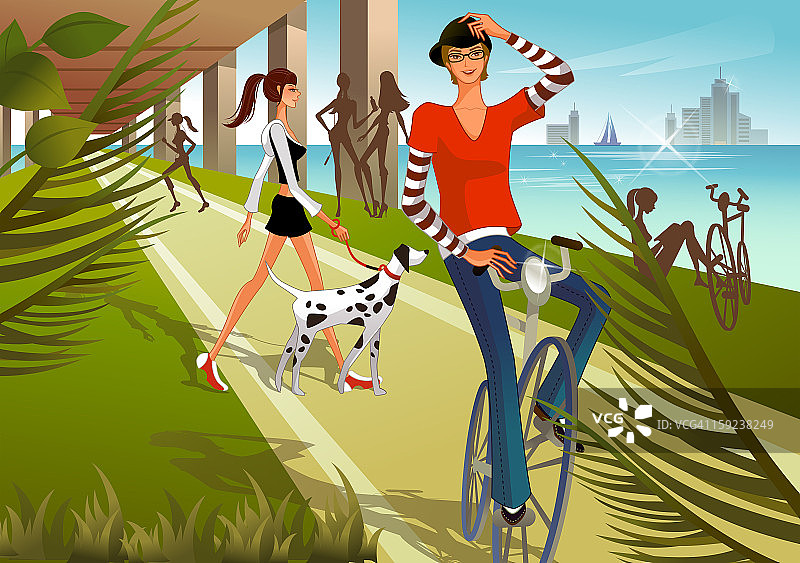 一个遛狗的女人和另一个骑自行车的女人图片素材