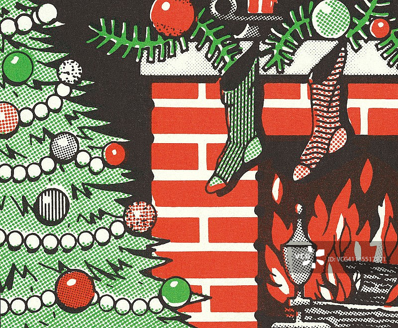 圣诞树和挂在壁炉上的长袜图片素材