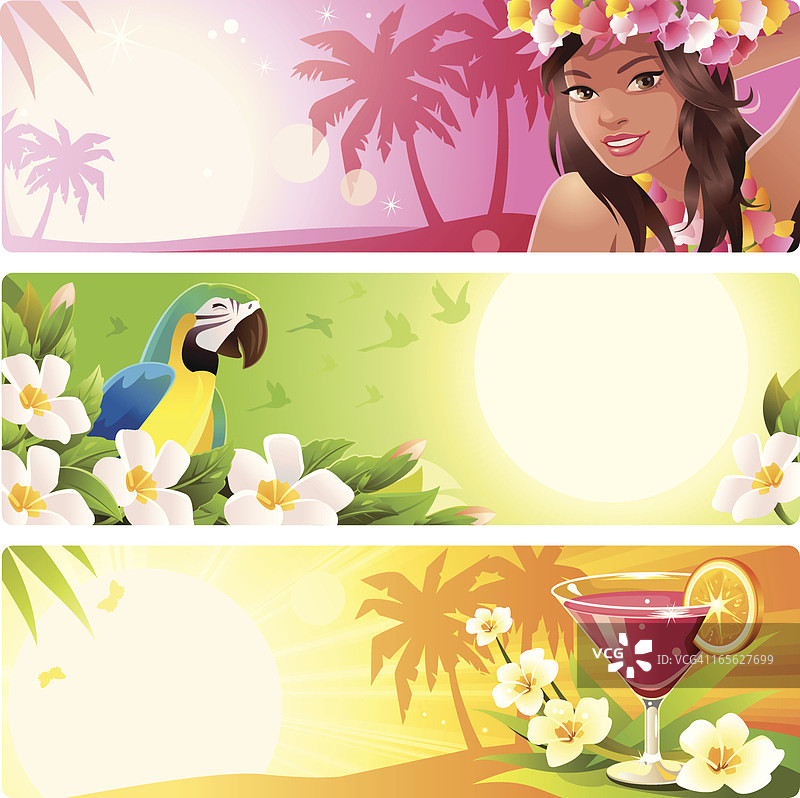 《三个热带背景:夏威夷女人、鹦鹉和比亚克》图片素材
