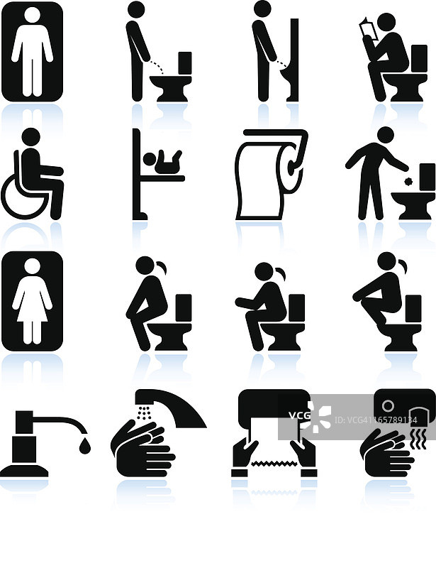 厕所，浴室设施和标志黑白设置图片素材