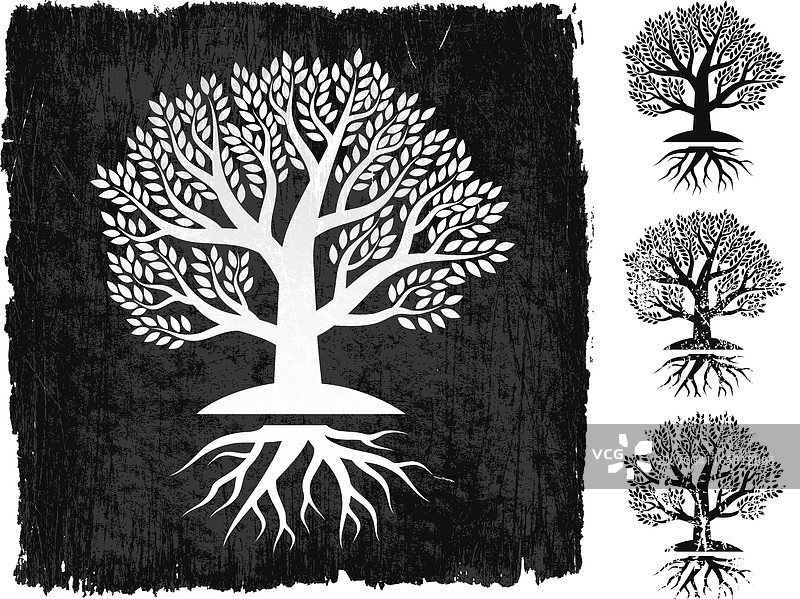 树与根在黑色垃圾摇滚背景图片素材