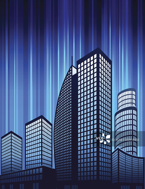城市天际线全景和建筑在蓝色灯光背景图片素材