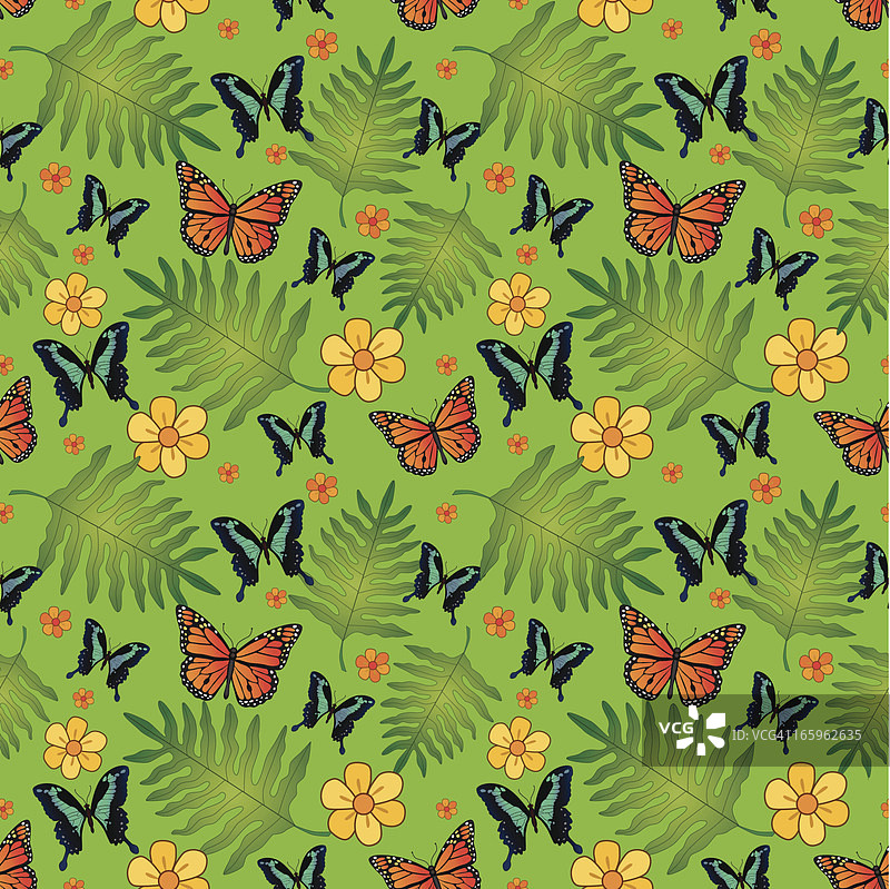 无缝瓷砖图案热带花卉和蝴蝶图片素材