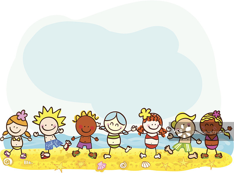 夏天快乐的孩子在海滩矢量卡通插图图片素材