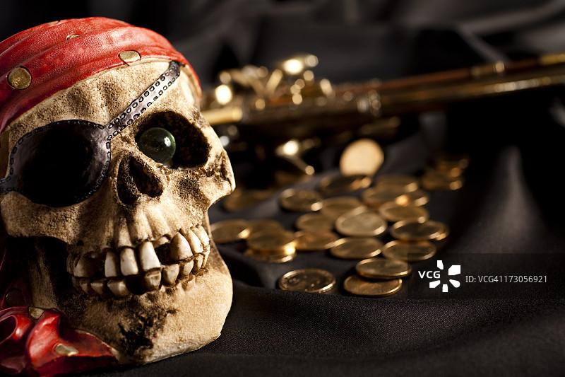 海盗骷髅与黄金赏金，硬币，财宝的背景图片素材
