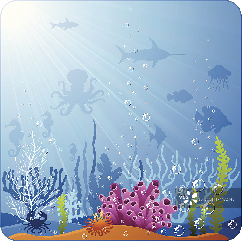 数字设计的水下场景与鱼的剪影图片素材