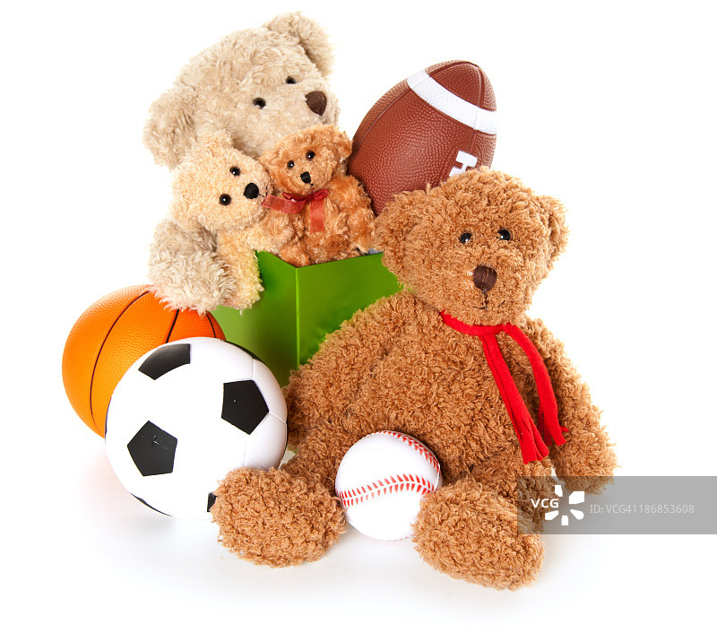 泰迪熊，球和玩具捐赠箱图片素材