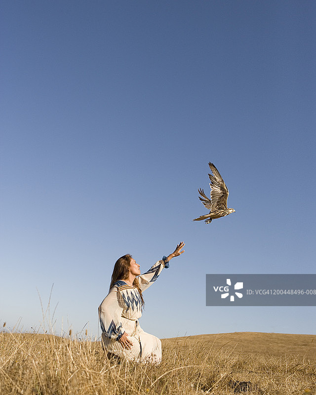 一个女人在野外释放猎鹰，跪在野外图片素材