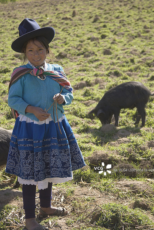 秘鲁，维克斯，科迪勒拉布兰卡，女孩(10-12)与猪在野外图片素材