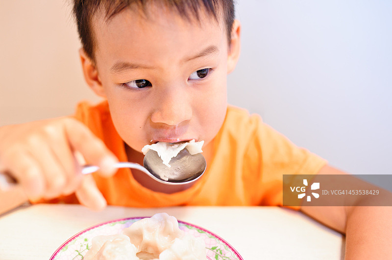 小男孩在吃饺子。图片素材