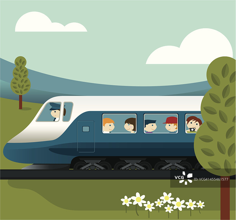 在乡村的火车上的人的卡通插图图片素材