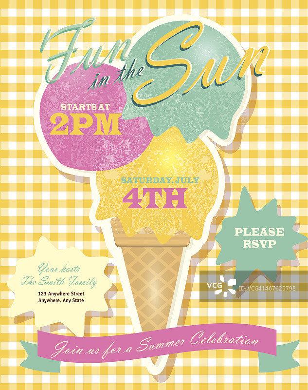 甜的夏日派对模板邀请设计与冰淇淋蛋卷图片素材