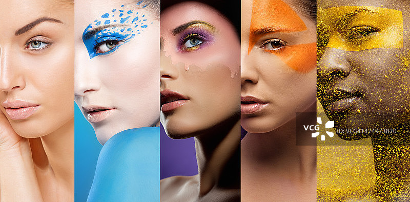 特写的妇女的脸与各种色彩缤纷的化妆图片素材