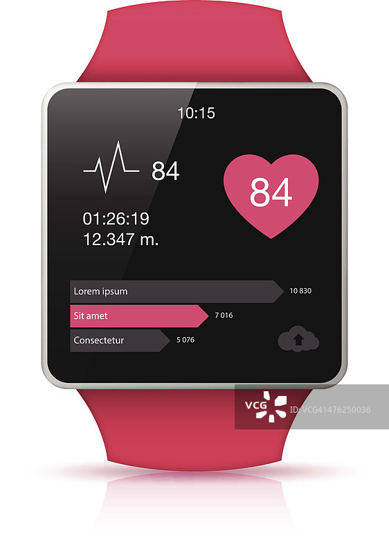 屏幕上有健康应用图标的粉色智能手表图片素材
