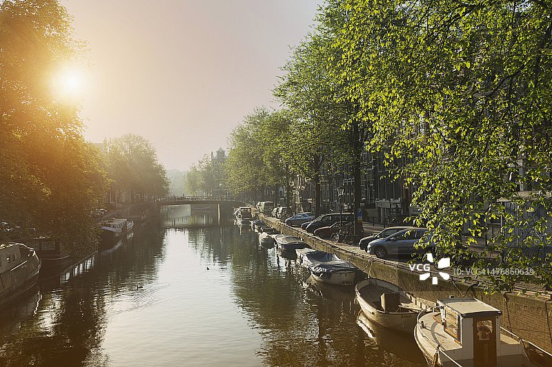 荷兰阿姆斯特丹运河上停靠的船只图片素材