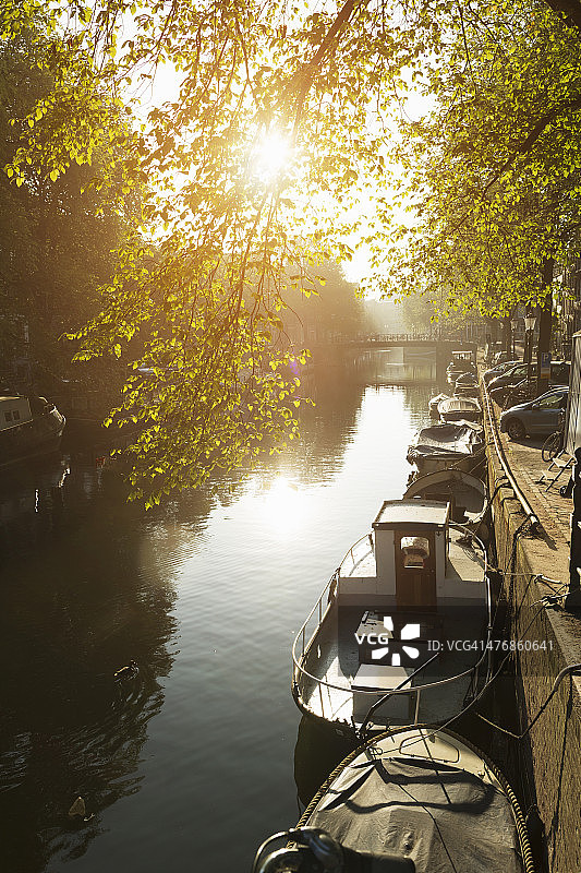 荷兰阿姆斯特丹运河上的一排小船图片素材