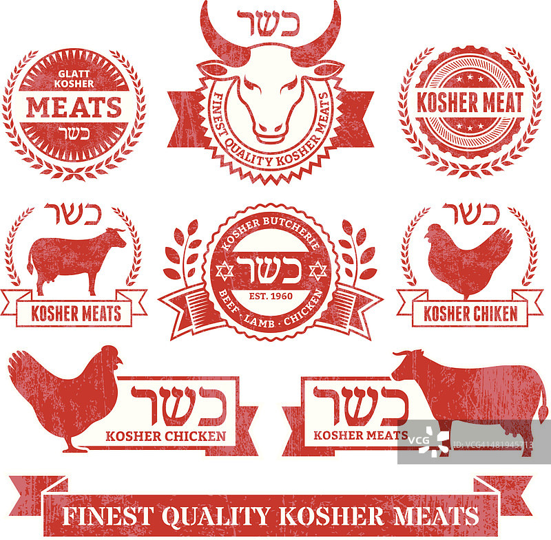 有机犹太肉类和家禽垃圾图标集图片素材