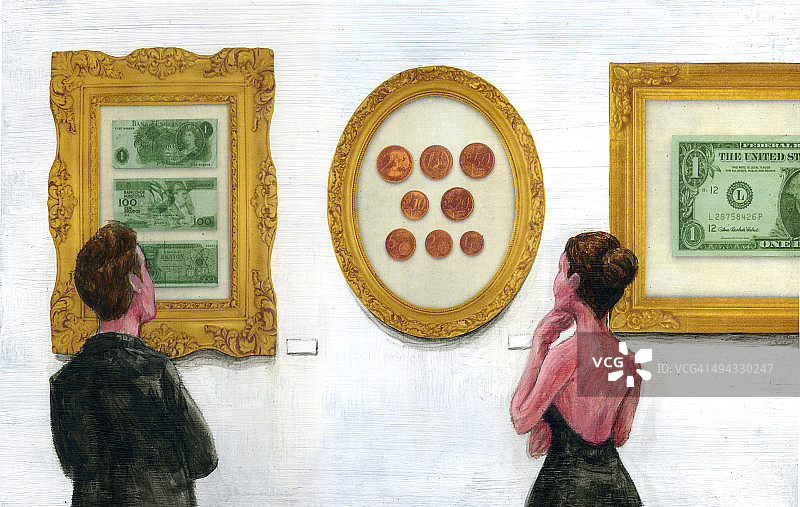 人们在美术馆观看珍贵货币的插图图片素材
