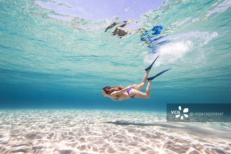 年轻女子用脚蹼自由潜水图片素材
