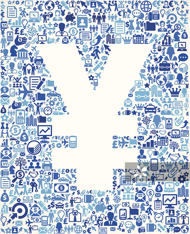 日元符号放置在一个商业图标蓝色图案的背景图片素材