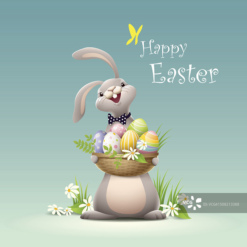 复活节兔子抱着装满鸡蛋的篮子快乐图片素材